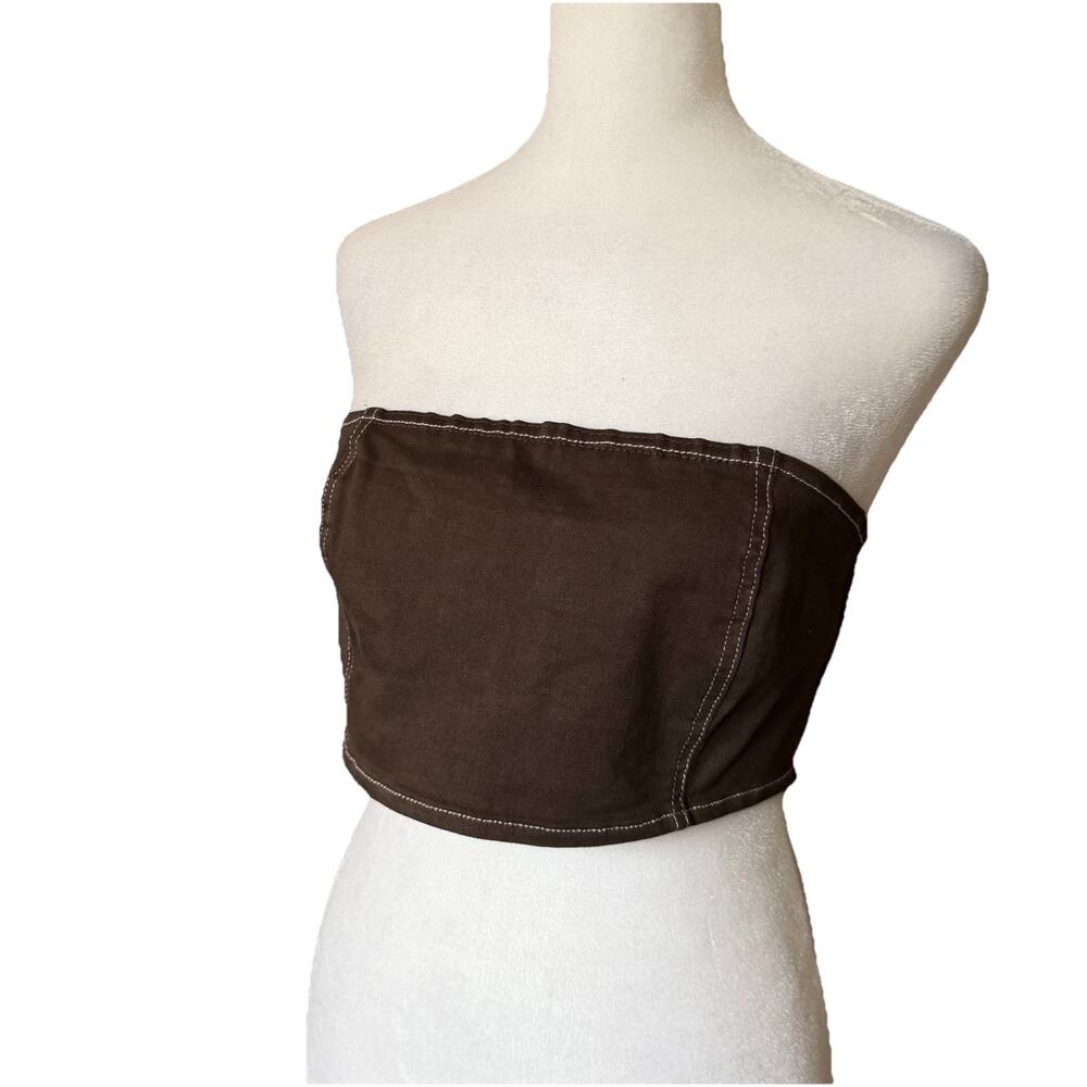 NA-KD Womens Size 38 Contrast Seam Corset Denim Top Dark Brown Cropped Blouse - Picture 7 of 7